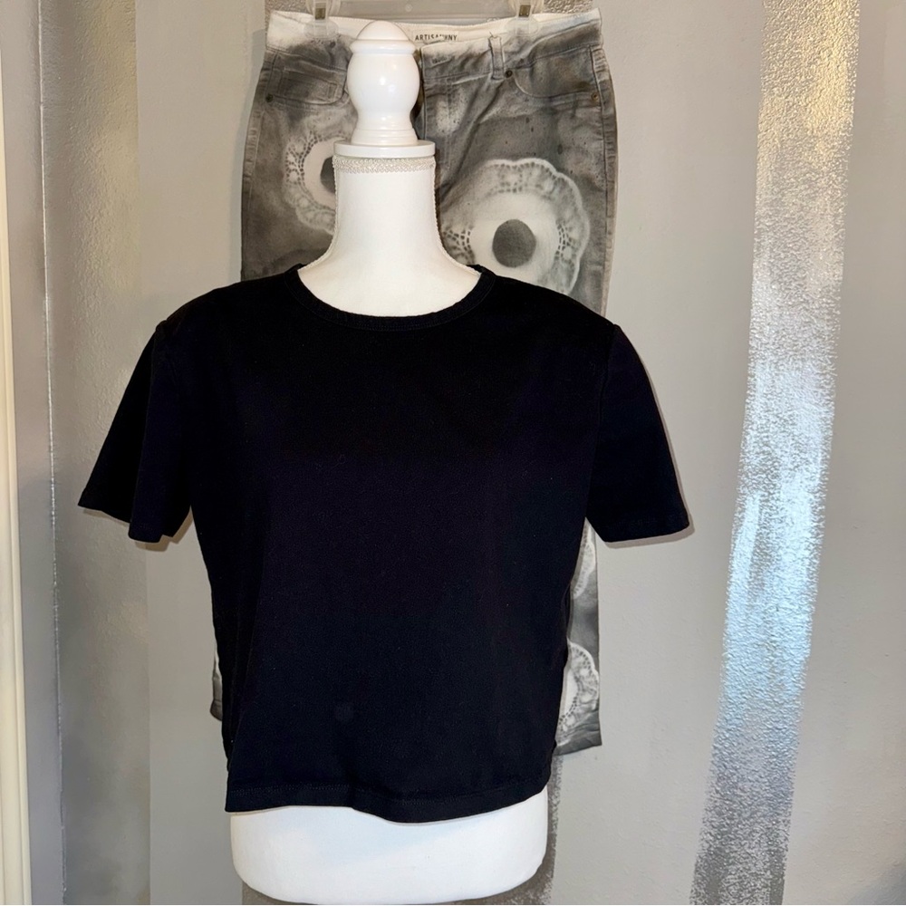 Anthropologie Women’s Black Padded Shoulders Crop Top T-Shirt Casual BOHO